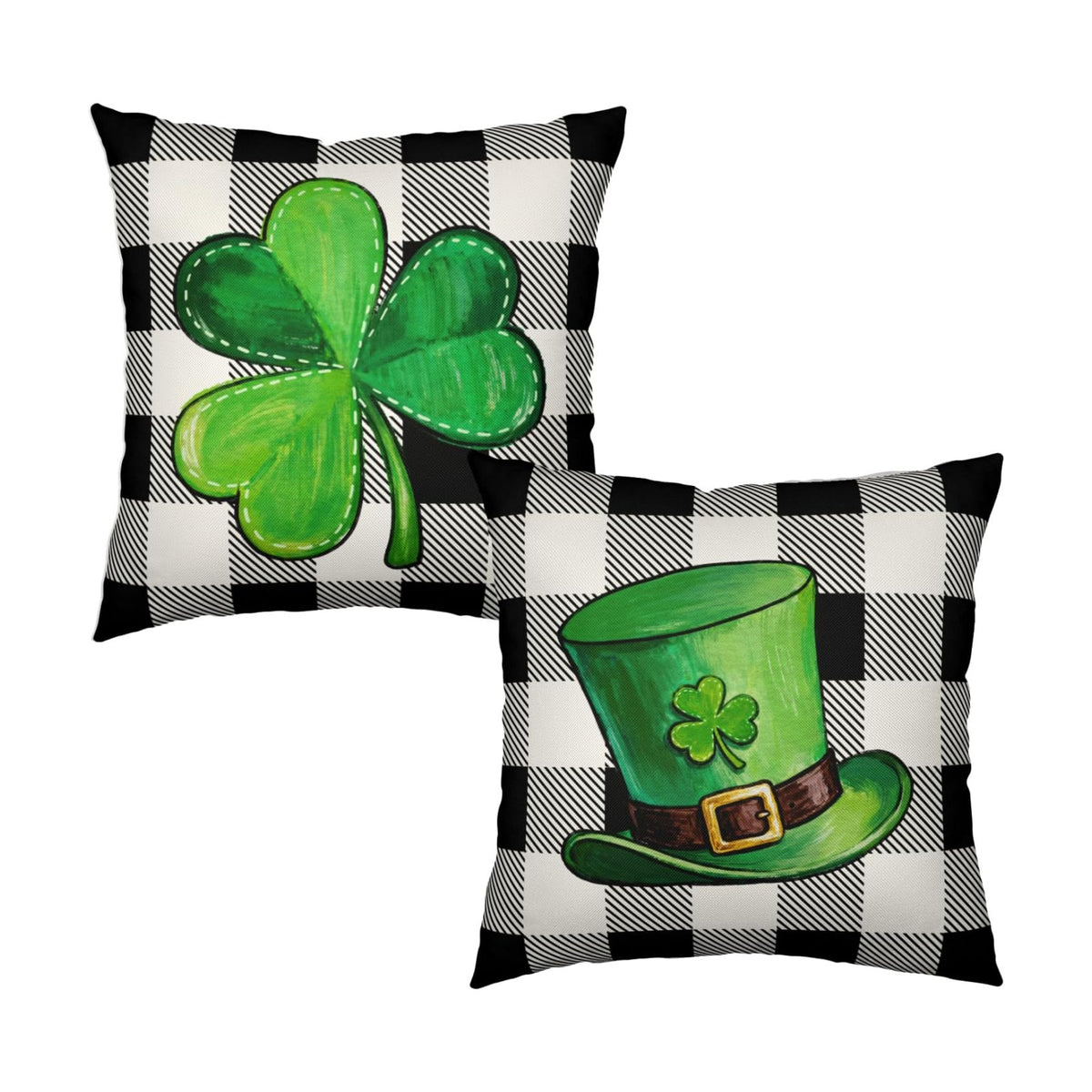 Green Shamrock Hat St Patricks Day Throw Pillow Covers 22x22 Set of 2 Buffalo Plaid Lucky Clovers Decorative Pillowcases St Patrick Outdoor Spring Cushion Covers for Couch Sofa Porch Decor