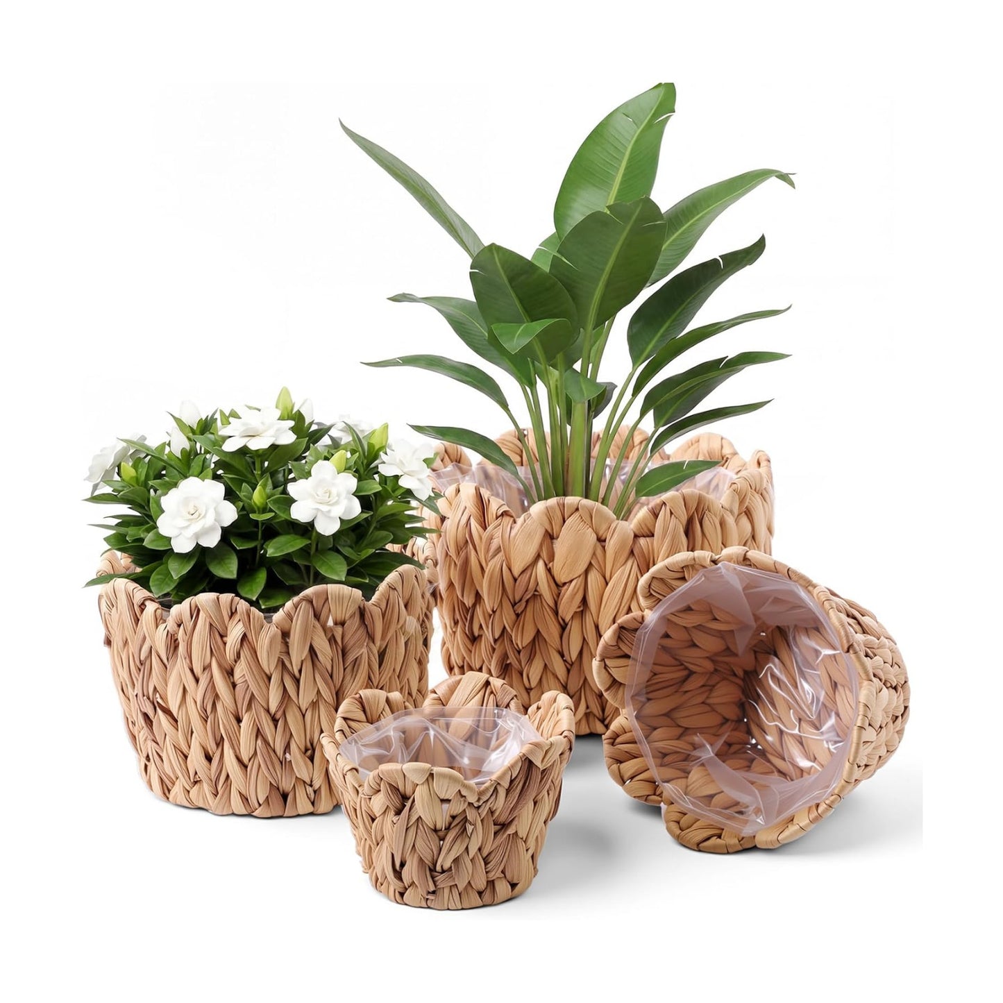 Scalloped Wicker Plant Basket Water Hyacinth Plant Baskets Hand Woven Flower / Untrim / Set of 4