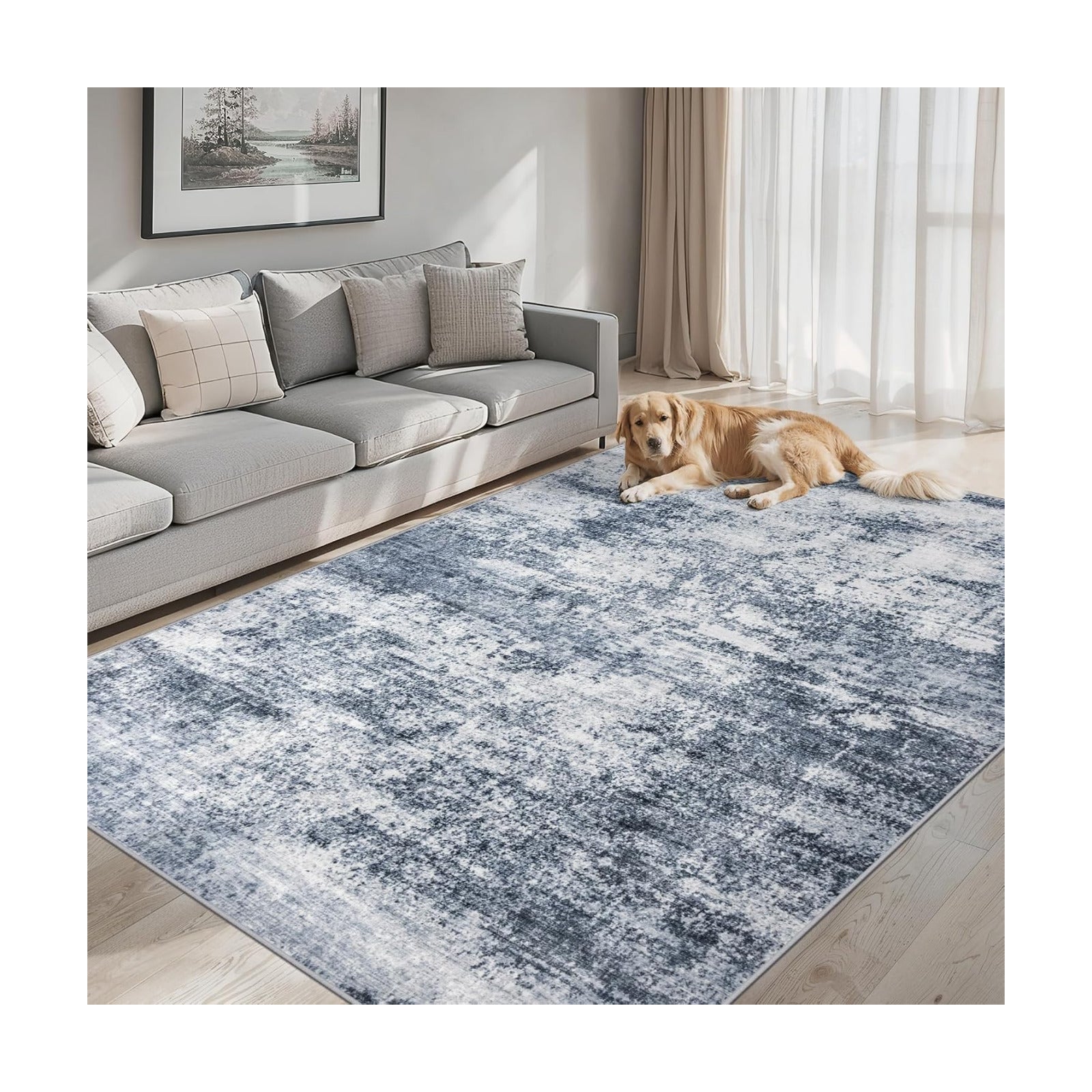 PLHXFR Area Rug Living Room: 4x6 Abstract Washable Carpet Grey Blue