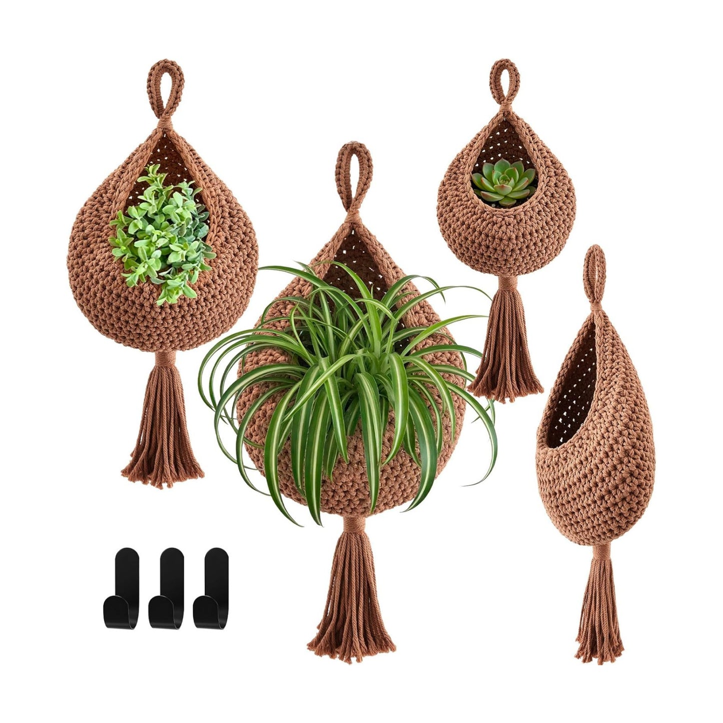 Boho Decor Hanging Wall Baskets / White / Cotton Rope / Tassel Style / Set of 3