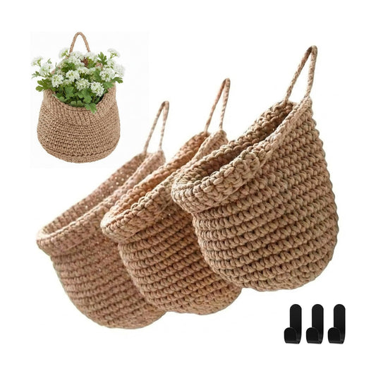 Boho Decor Hanging Wall Baskets / Linen / Cotton Rope / Barrel / Set of 3