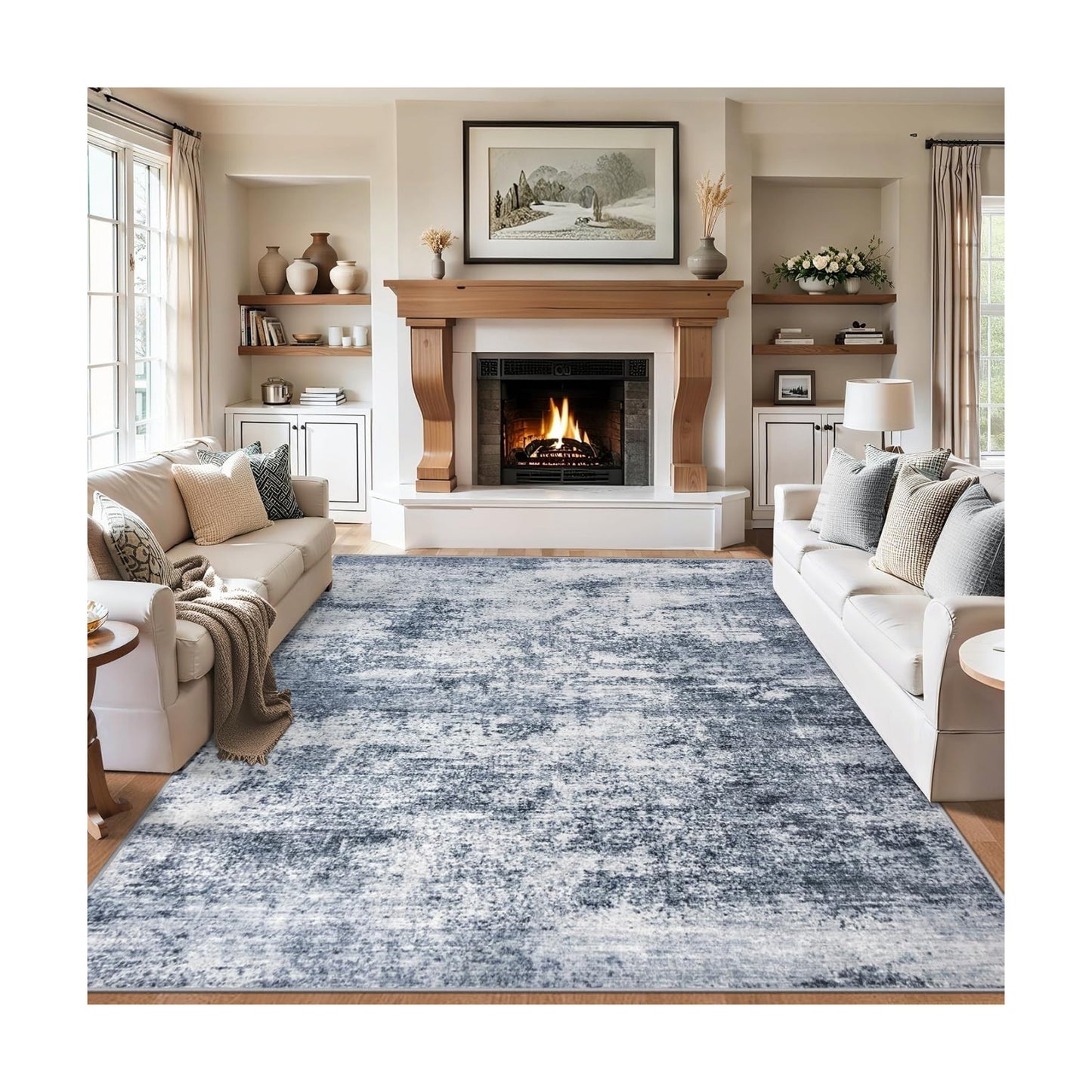 PLHXFR 10x14 Area Rug Living Room: Abstract Washable Carpet Grey Blue