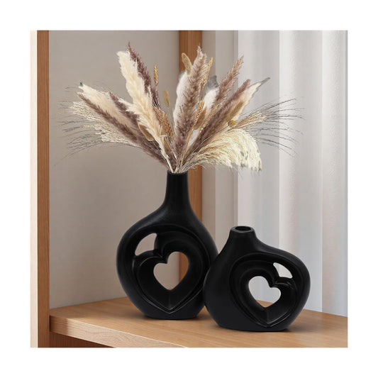 Matte Black Heart Shaped Hollow Ceramic Vase / Black-01 / Set of 2