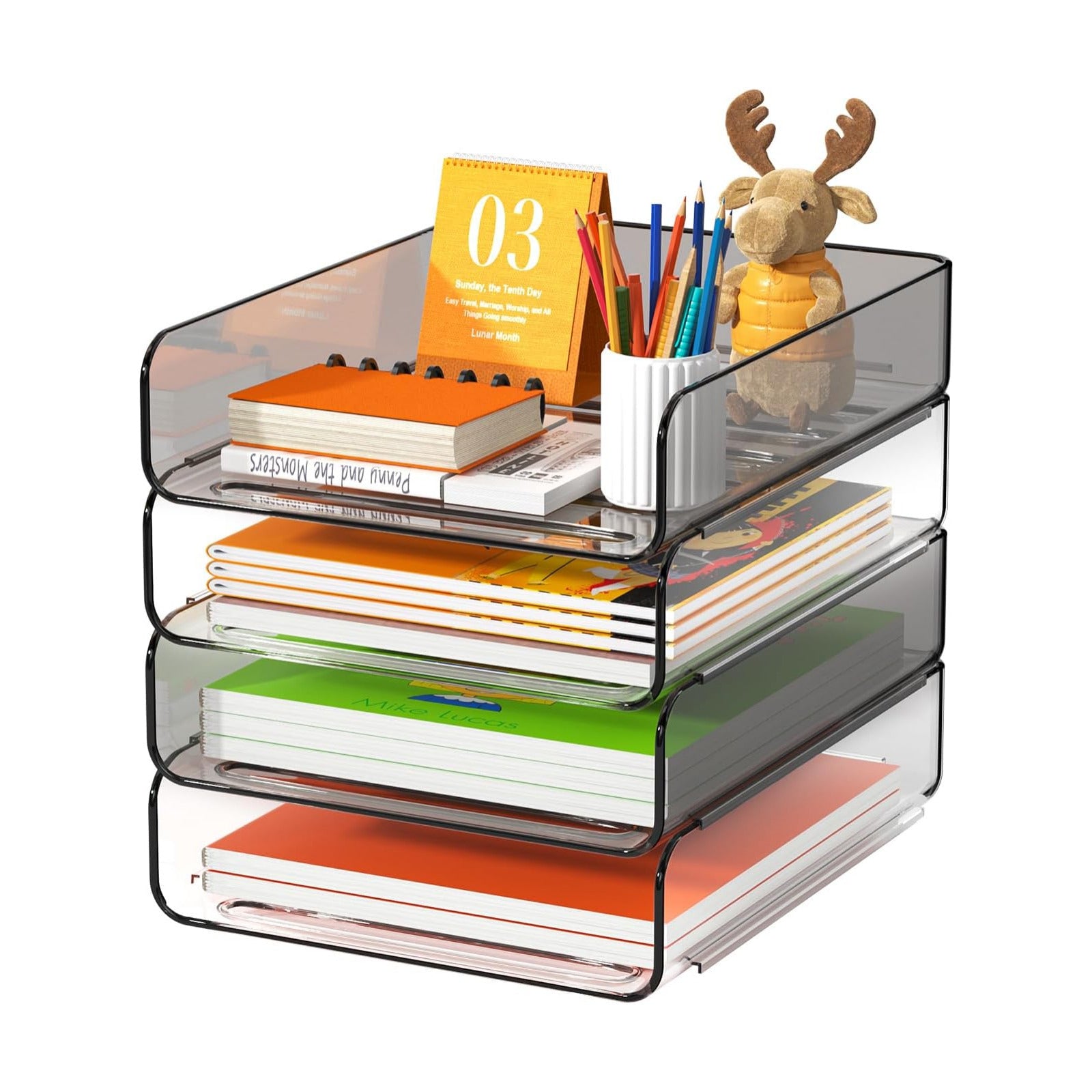 4-Tier Acrylic Paper Tray Organizer / Clear & Brown / 12.6 x 9.6 x 11