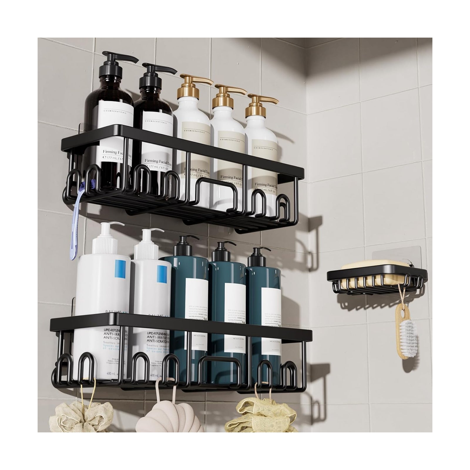 Veken Shower Caddy 3-Pack, Advanced Rustproof Design, No Drilling Adhesive Shelves, Rack with Soap Holder, Large