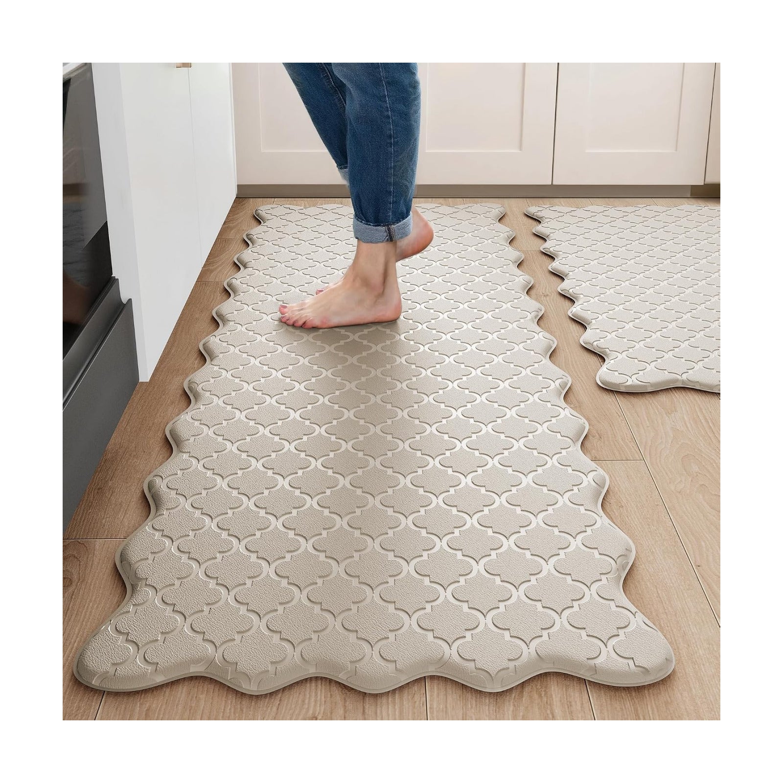 Arenarug Upgrade Scalloped Kitchen Mats for Floor 2PC, Khaki Kitchen Rugs