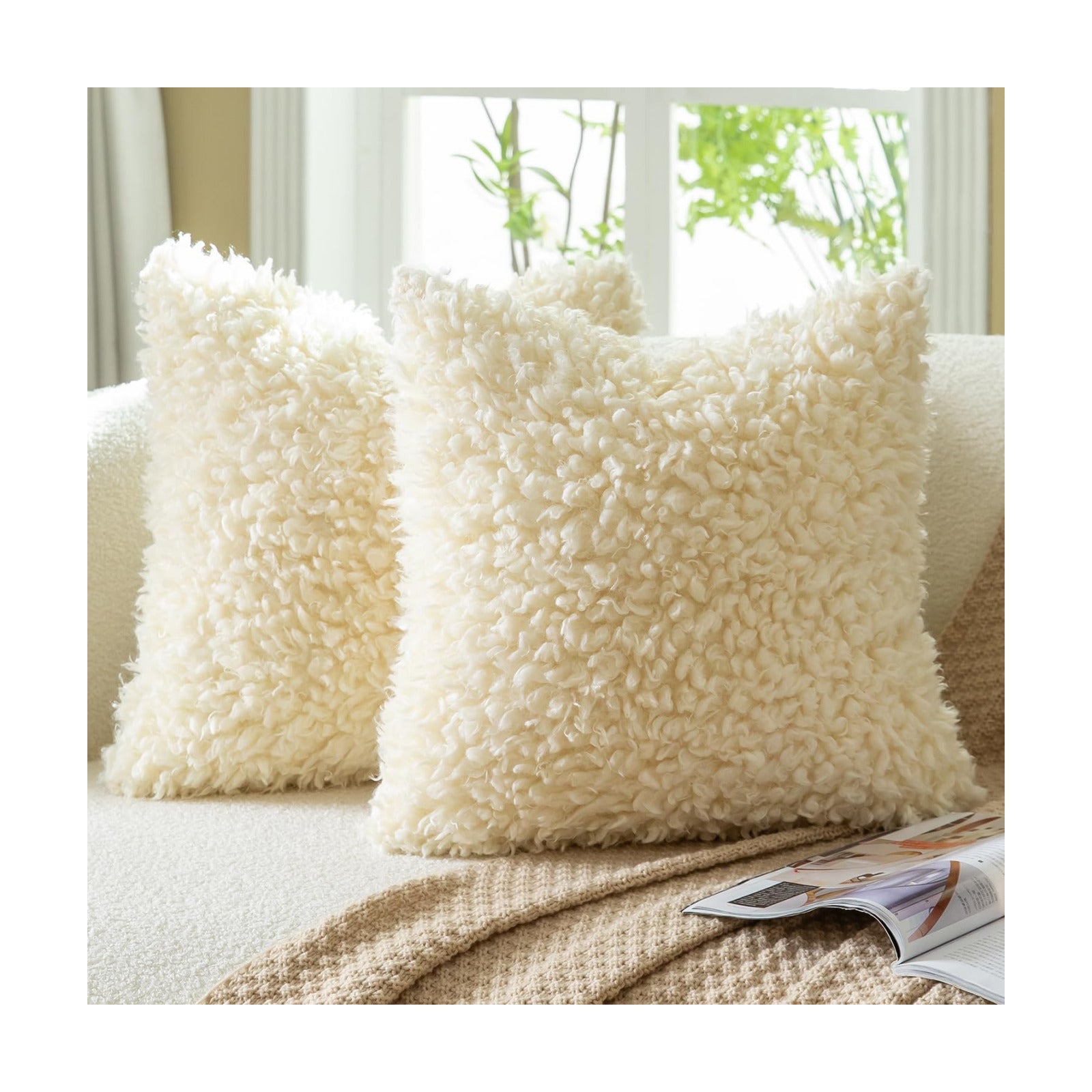 Faux Fur Throw Pillow Covers Boucle Decorative Sherpa Pillow / Cream Yellow / 18 x 18 / Set of 2