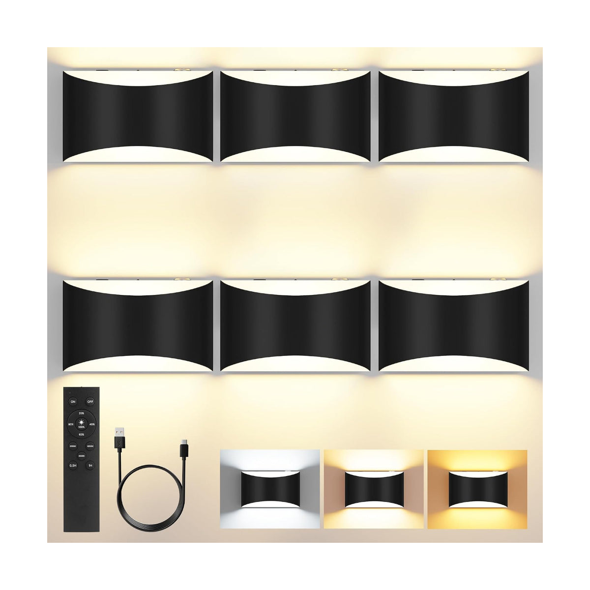 Battery Operated Wall Sconces Set of 6 Rechargeable Wireless Black | 8000mAh Remote & Touch Control Wall Lamps 3 Color