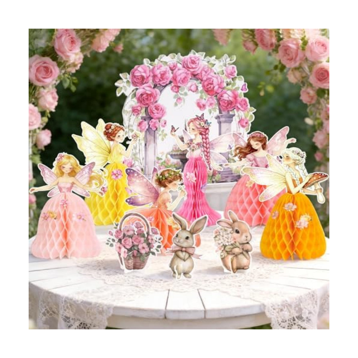 SUNBEAUTY Fairy Birthday Party Decorations Fairy First Centerpieces for Tables 3D Fairies Honeycomb Centerpieces with Rabbits Enchanted Party Table Topper for Spring Garden Woodland Forest Birthday