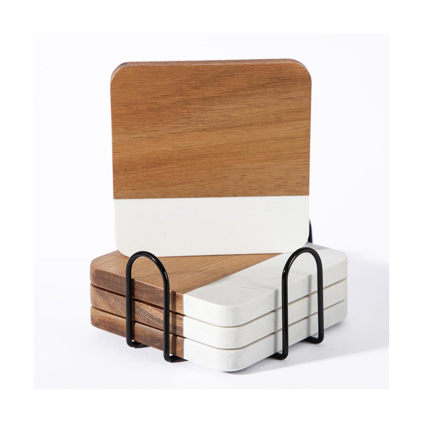 Holder / Acacia Wood Marble Coasters for Drinks / White Marble + Holder / Set of 4