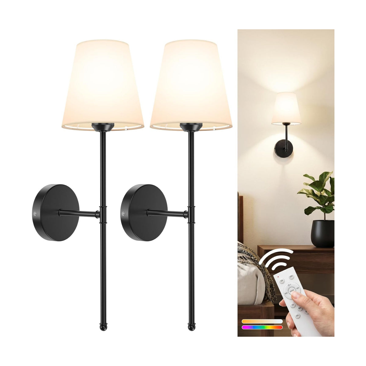GBEAST Wall Sconces Set of Two, Rechargeable Wall Lights with Magnetic Bulb and Remote, Dimmable Wall Lamps with RGB &