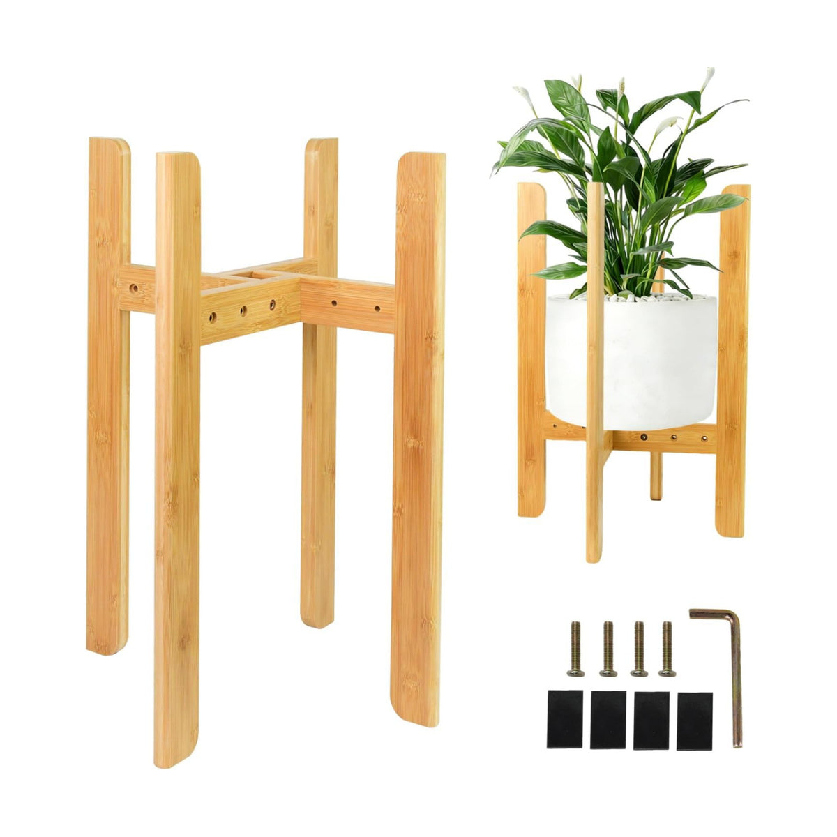 23.6" Tall Adjustable Plant Stand Indoor Flower Holder Fits 8-12 Inch Pots | Sturdy, Bamboo, Modern Mid Century