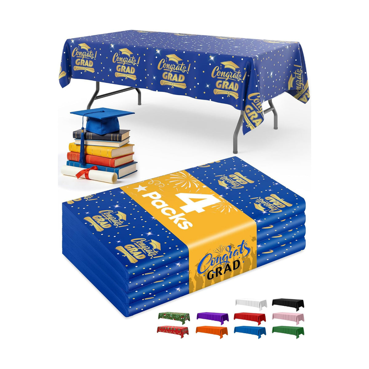 Niuara Blue Graduation Plastic Table Cloth Disposable, 4 Pack, 54 x 108 in