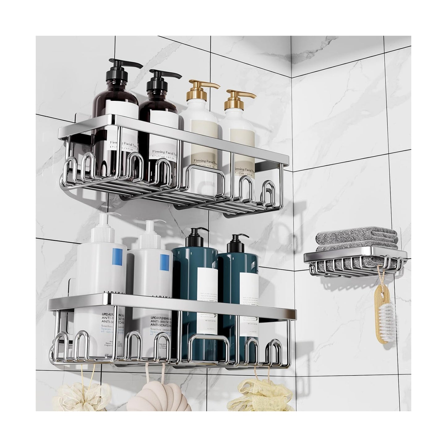 Veken Shower Caddy 3-Pack, Advanced Rustproof Design, No Drilling Adhesive Shelves, Rack with Soap Holder, Large