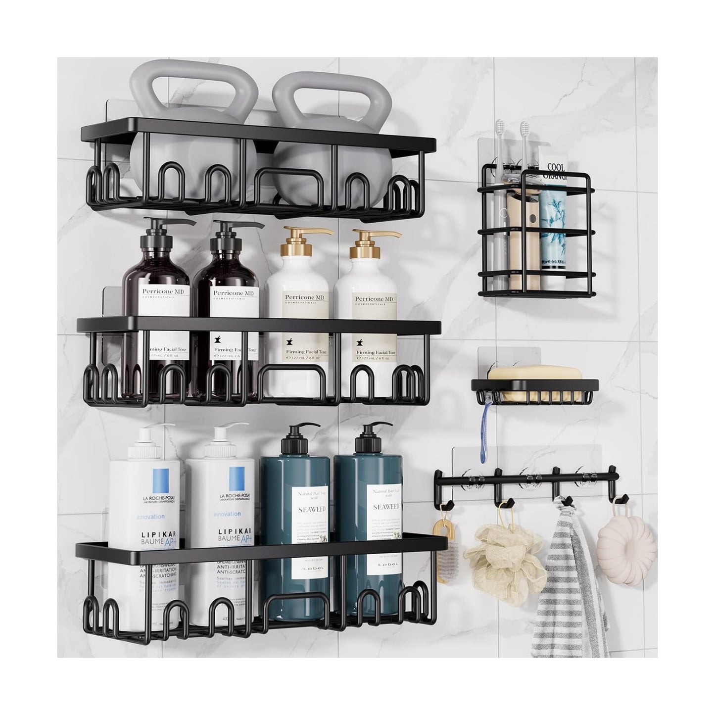 Veken Shower Caddy 6-Pack with Hooks, Bathroom Organizers & Storage, Black