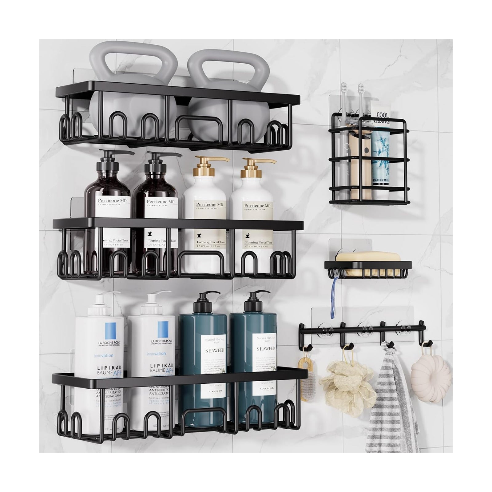 Veken Shower Caddy 6-Pack with Hooks, Bathroom Organizers & Storage, Black
