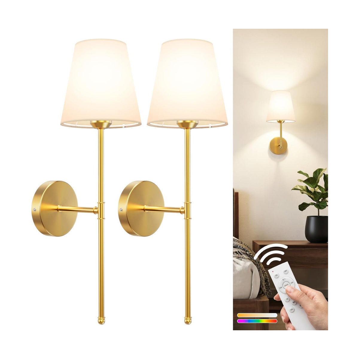 Wall Sconces Set of Two Rechargeable Cordless Wall Decor with Magnetic Bulb | Dimmable Wall Lamps with Remote RGB &