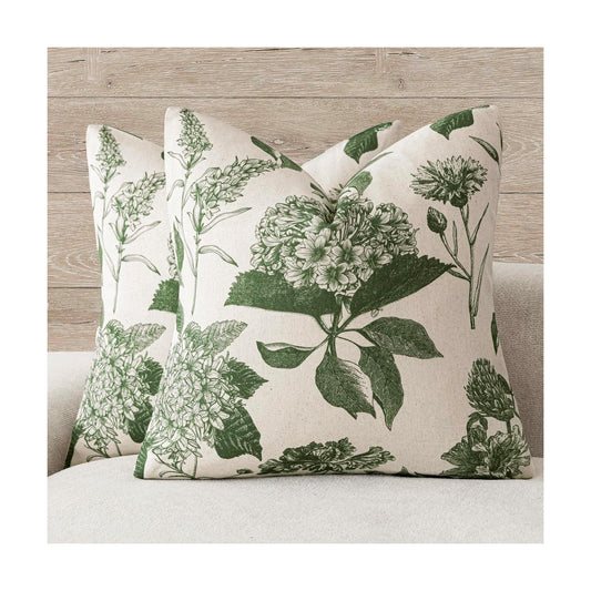 Linen Floral Throw Pillow Covers Neutral Vintage Print Decorative / 18 x 18 / Dark Green / Set of 2