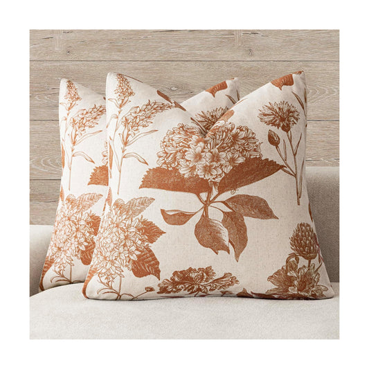 Linen Floral Throw Pillow Covers Vintage Accent Print Decorative / 18 x 18 / Autumn Maple / Set of 2