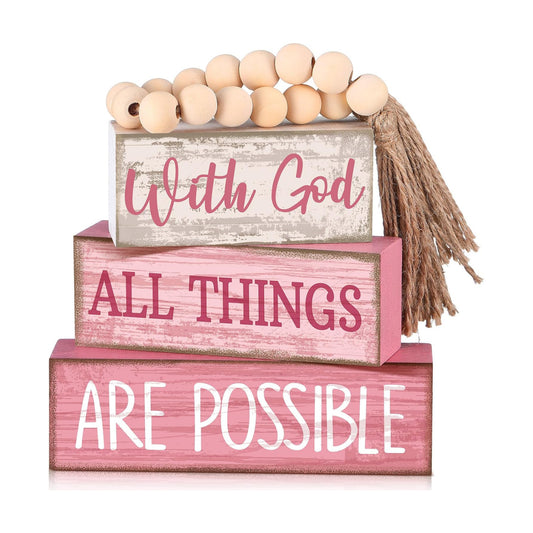 Christian Table Decor Rustic Wooden Block Sign / with God All Things Are Possible / Pink / Set of 4