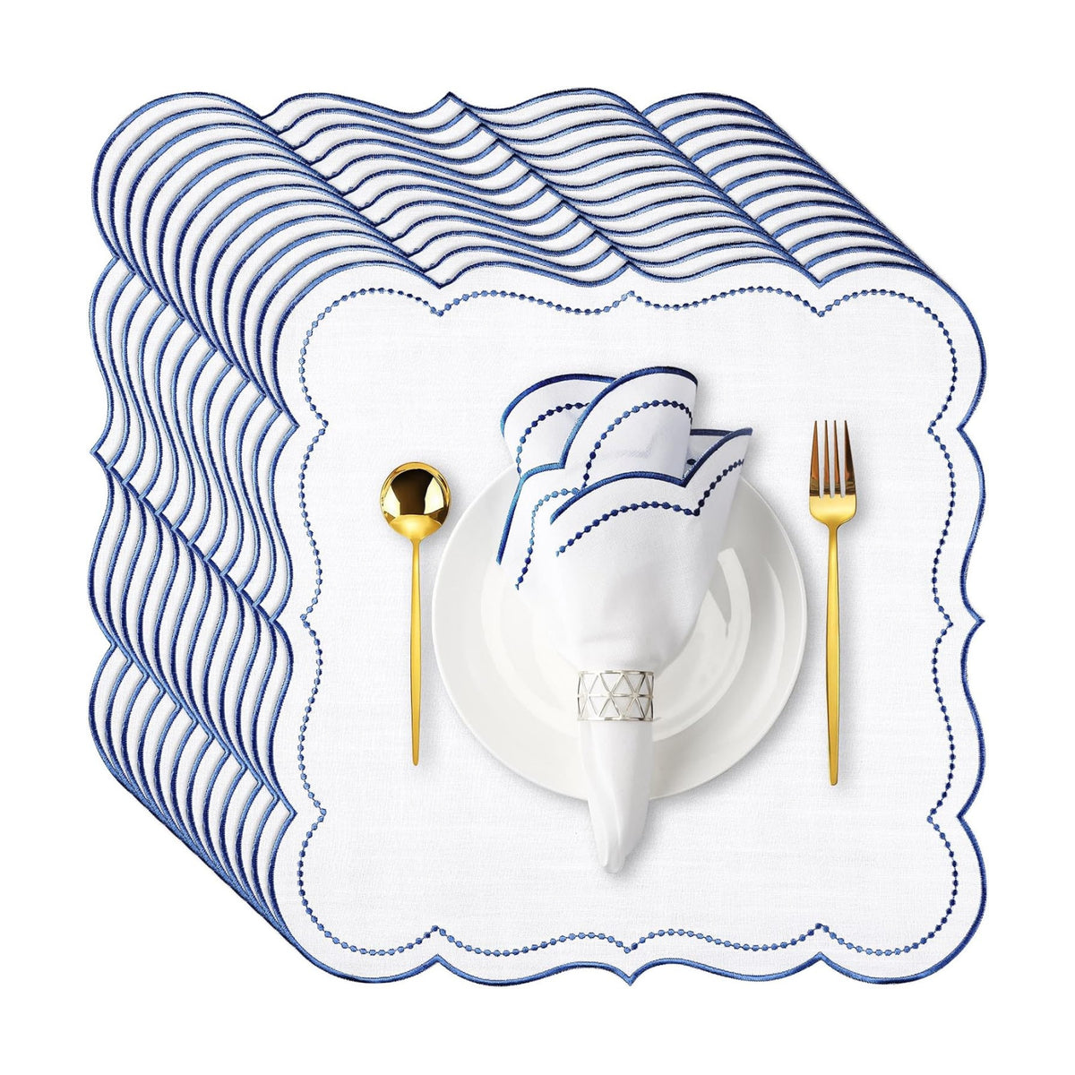 Hahafelt Cloth Napkins 18x18inches Scalloped Embroidery Cloth Napkins Washable Polyester Table Dinner for Hotel