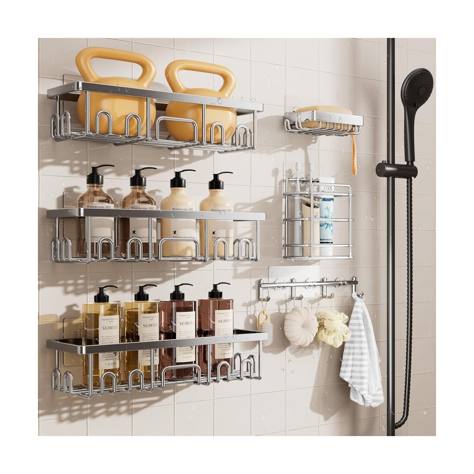 Veken Shower Caddy 6-Pack, Advanced Rustproof Design, No Drilling Adhesive Shelves, Rack with Soap Holder, Large