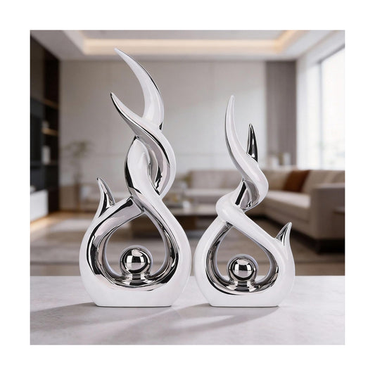 Abstract Ceramic Sculpture Modern Electroplated Figurines Decorative / White and Silver / Set of 2