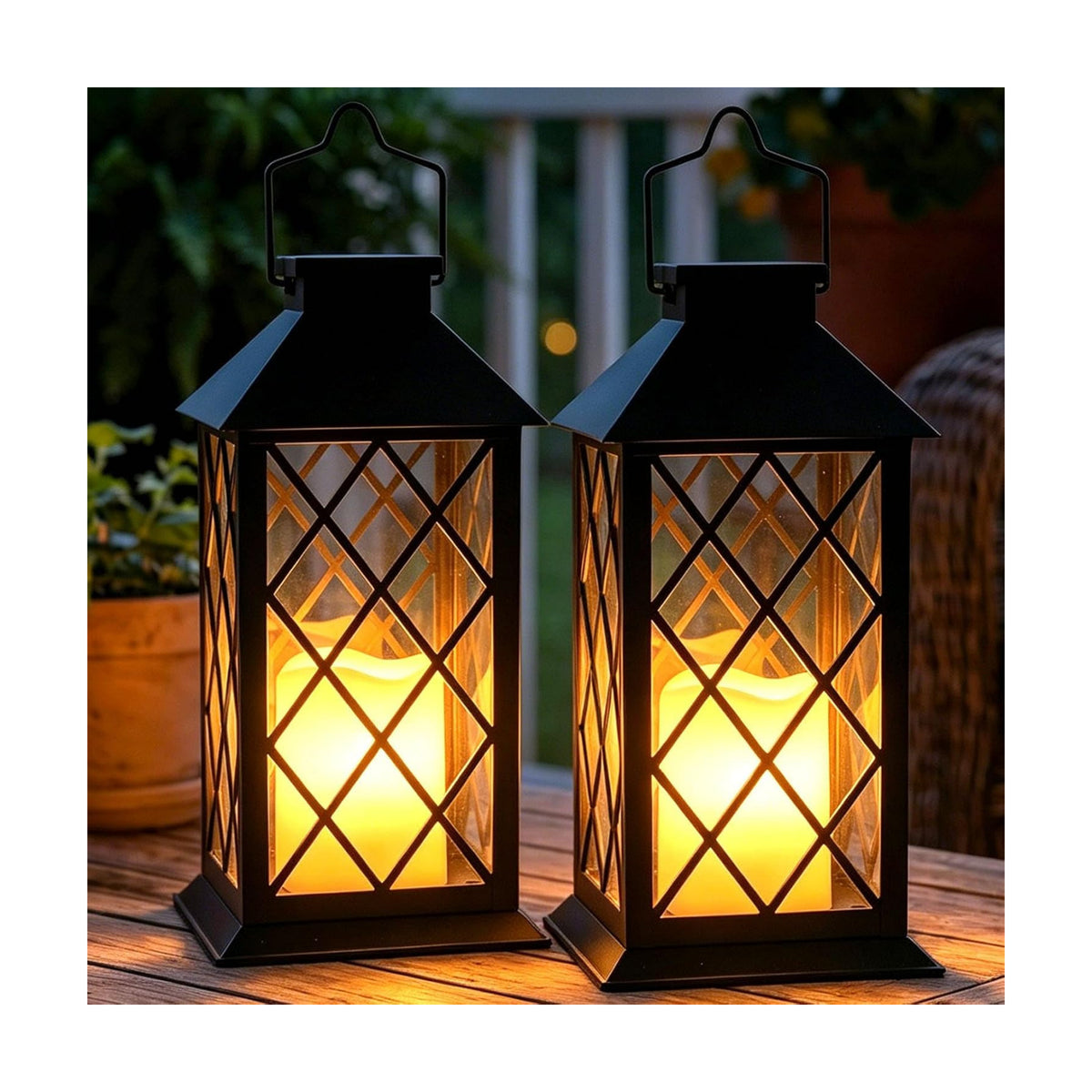 2 Pack 14" Large Tempered Glass Solar Lanterns Outdoor Waterproof | Black retro solar lantern with flickering flameless