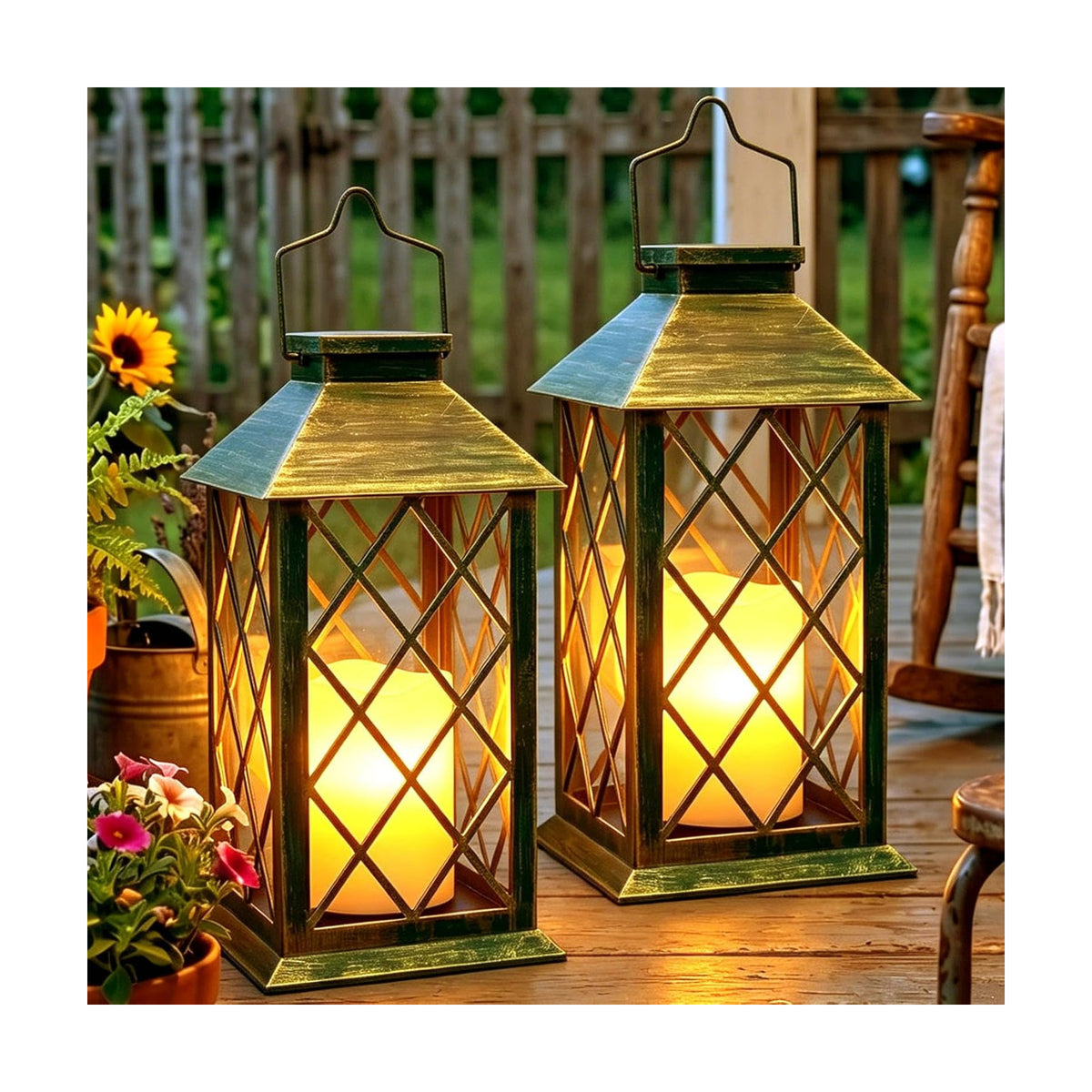 2 Pack 14" Large Tempered Glass Solar Lanterns Outdoor Waterproof | Bronze retro solar lantern with flickering