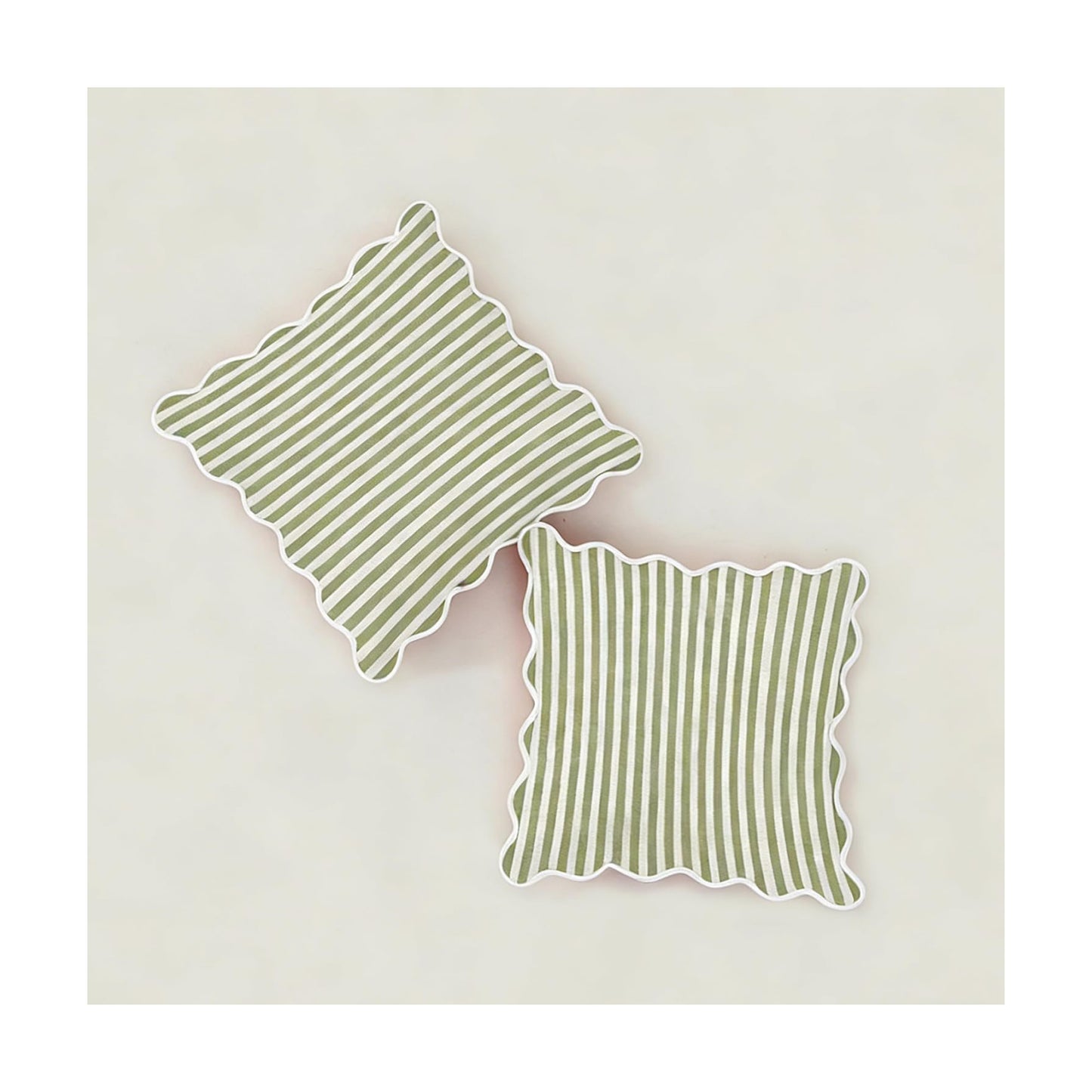 Scalloped Throw Pillow Covers / Green & White / 18 x 18 / Set of 2