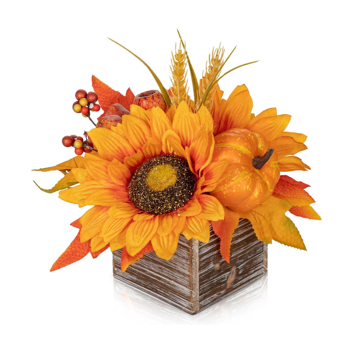 DILATATA Fall Decor Autumn Harvest Pumpkins Centerpiece - Artificial Sunflowers and Maple Leaves Arrangement in Wooden Box for Thanksgiving Party Mantel Fall Decor