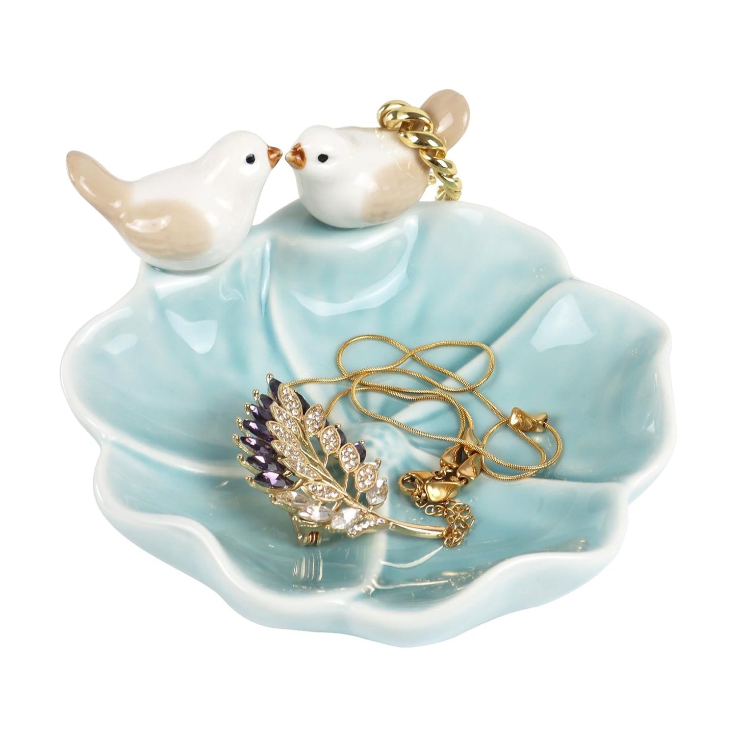 Ceramic Jewelry Tray Trinket Dish Decorative Bird & Lotus Leaf Ring Holder Dish Aesthetic / Blue