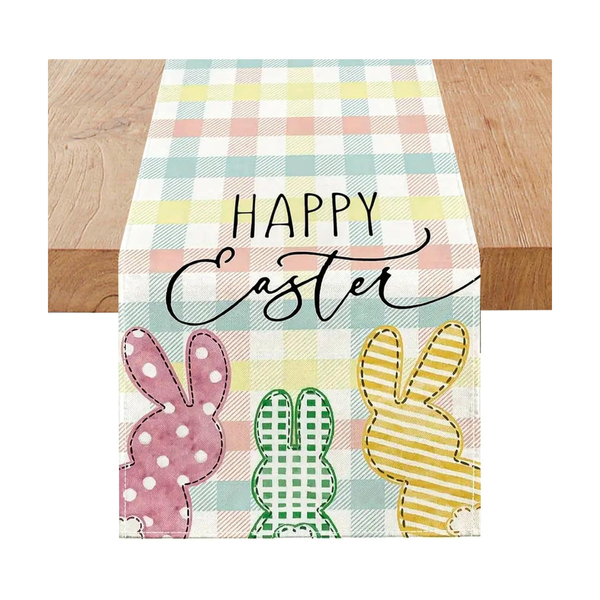Niviy Buffalo Plaid Rabbit Bunny Happy Easter Table Runner, 13x60 Inch Check Stripes Kitchen Table Decor, Spring Kitchen Dining Table Decoration for Home Party Decor