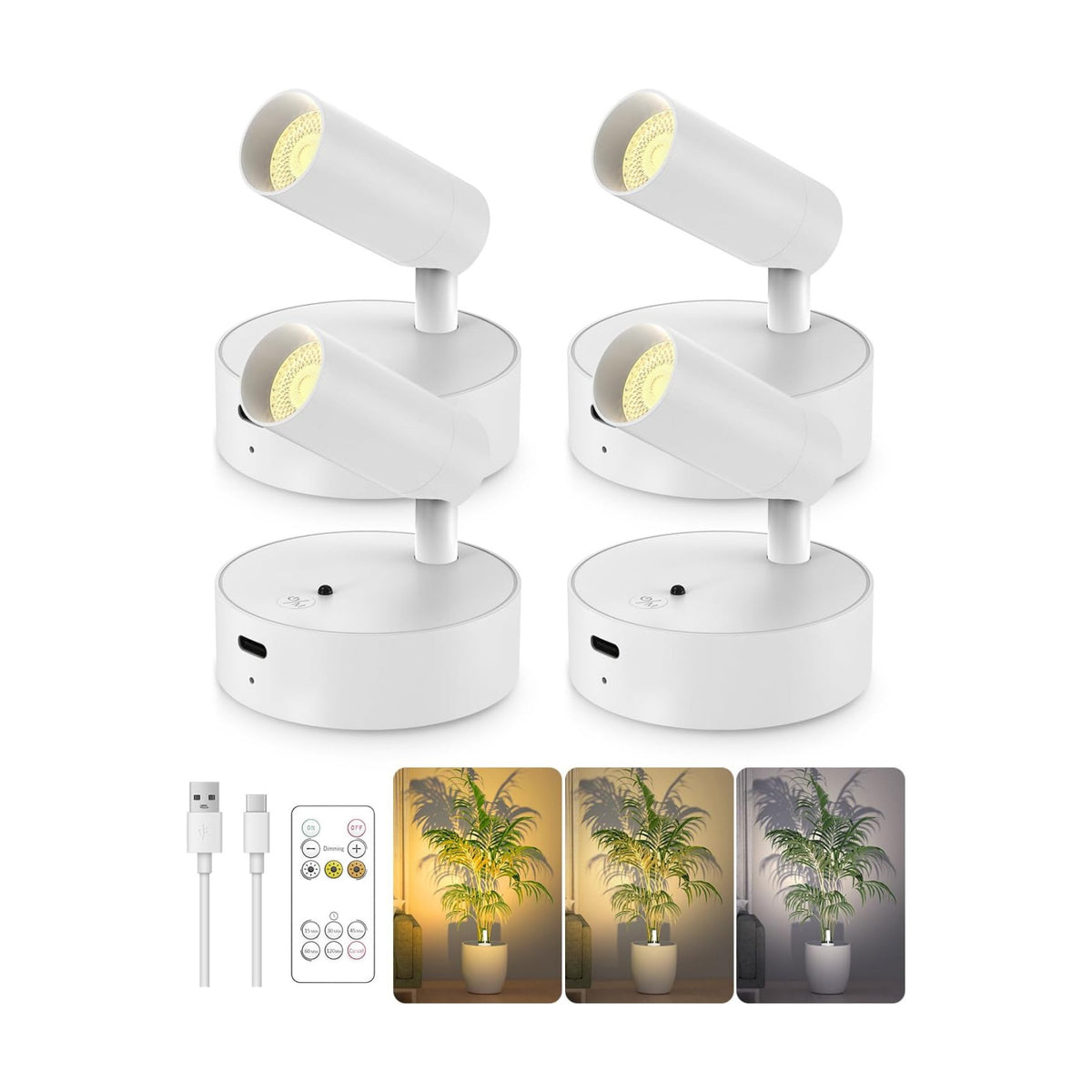 Spotlights Indoor with Remote, 3000Mah Rechargeable Wireless Plant Light | Up Lights with 3 Colors & Dimmer, Small LED