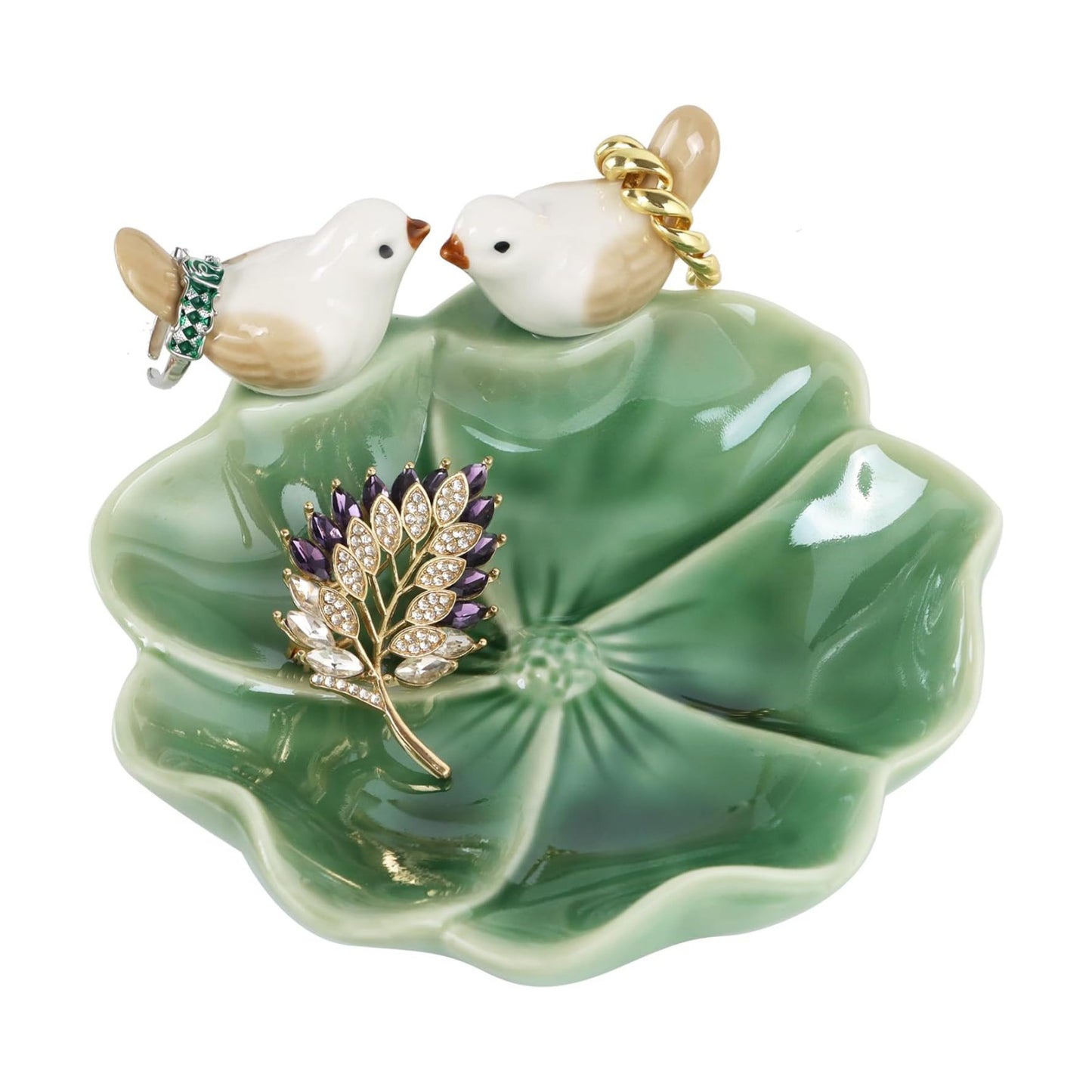 Ceramic Jewelry Tray Trinket Dish Decorative Bird & Lotus Leaf Ring Holder Dish Aesthetic / Green