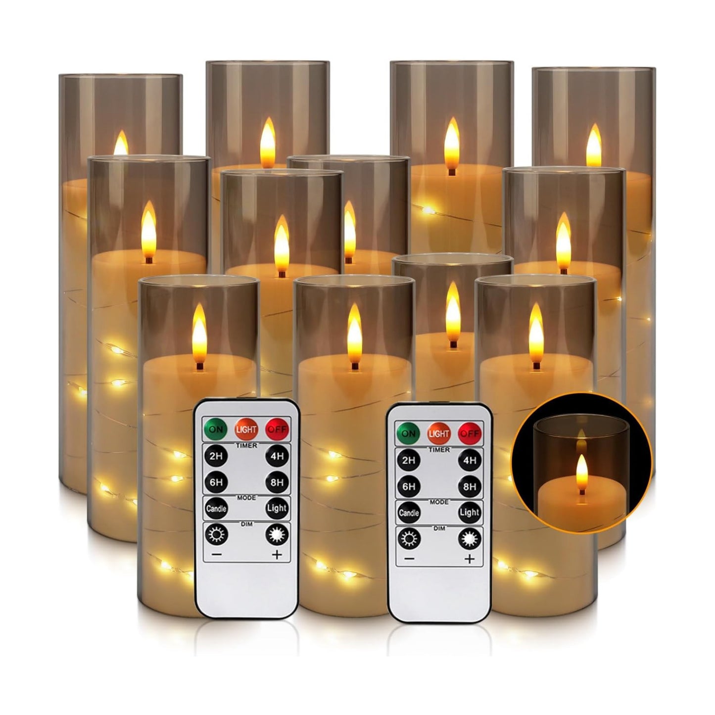 12-Pack Gray Acrylic Flameless LED Candles with Embedded String Lights - Remote Control for Holiday & Home