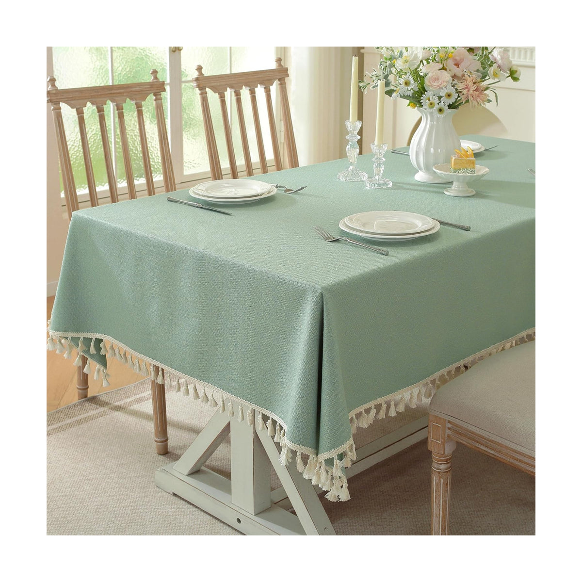 Sage Green Tablecloth for Rectangle Tables - 55x86 Inch Linen Textured Farmhouse Waffle Weave Table Cloth with Tassel