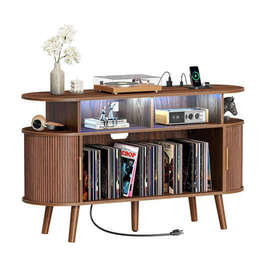 47.2 Inch Large Record Player Stand with Power Outlets & 3-Color Lights, Vinyl Record Stand with 2 Fluted Cabinets