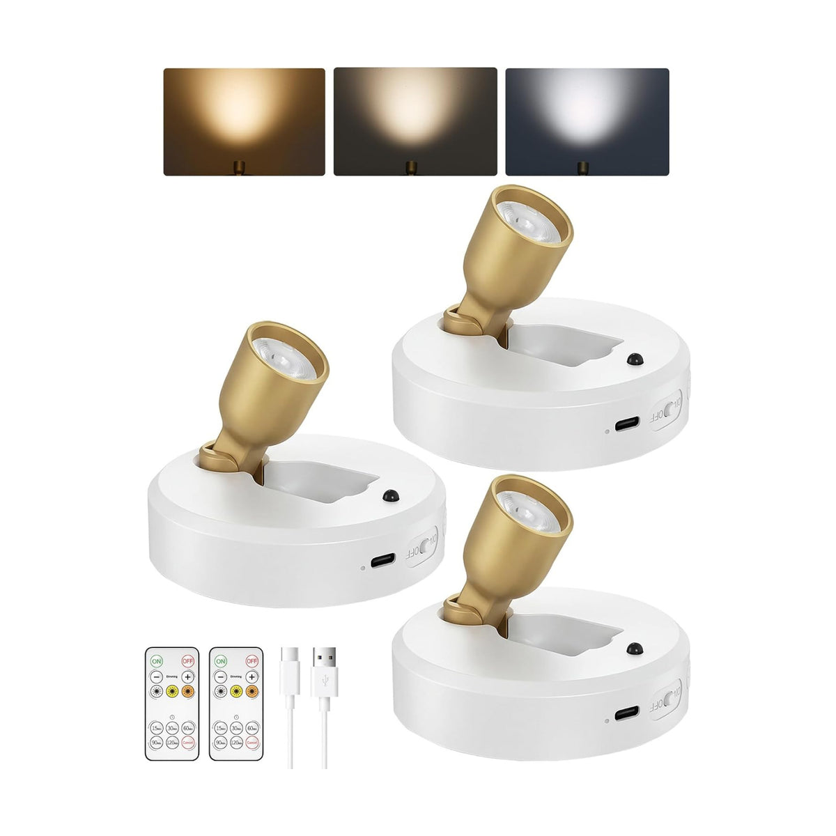 EZVALO 3-Pack Spotlight Indoor, Rechargeable Battery Picture Lights, Wireless Uplights with Remote, Dimmable, ⁠3 Color