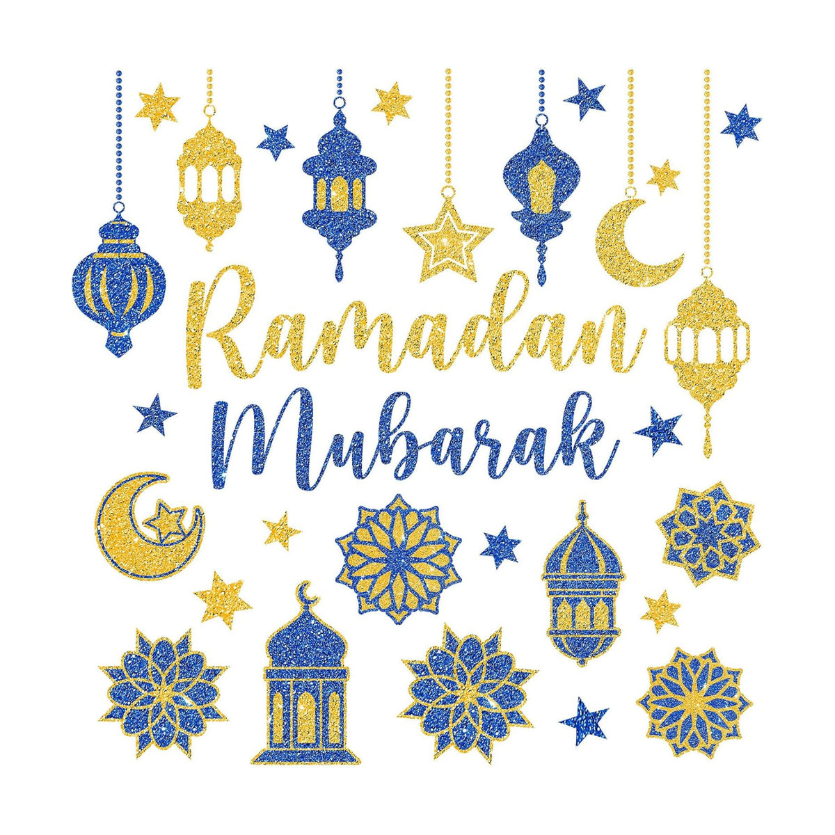 Whaline 6 Sheet Glitter Ramadan Window Clings Window Decal Blue-Gold Eid Mubarak Moon Star Reusable Anti-Collision Glass Decor for Home School Office Muslim Al Fitr Party Supplies