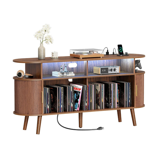 54 Inch Larger Record Player Stand with Power Outlets & 3-Color Lights, Vinyl Record Stand with 2 Fluted Cabinets