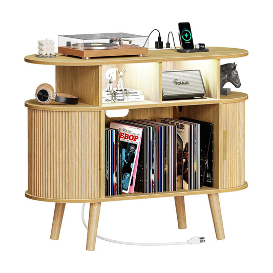 35.4 Inch Record Player Stand with Power Outlets & 3-Color Lights, Vinyl Record Stand with 2 Fluted Cabinets, USB-C