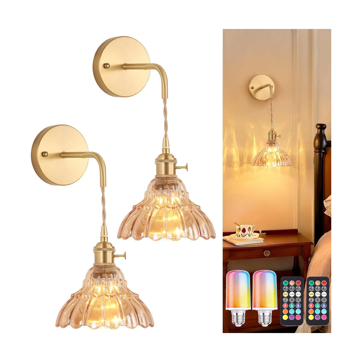 Shenmoyl Vintage Battery Operated wall sconces Set of 2, Wall Lamps with Amber Lily of the Shade Pattern Glass