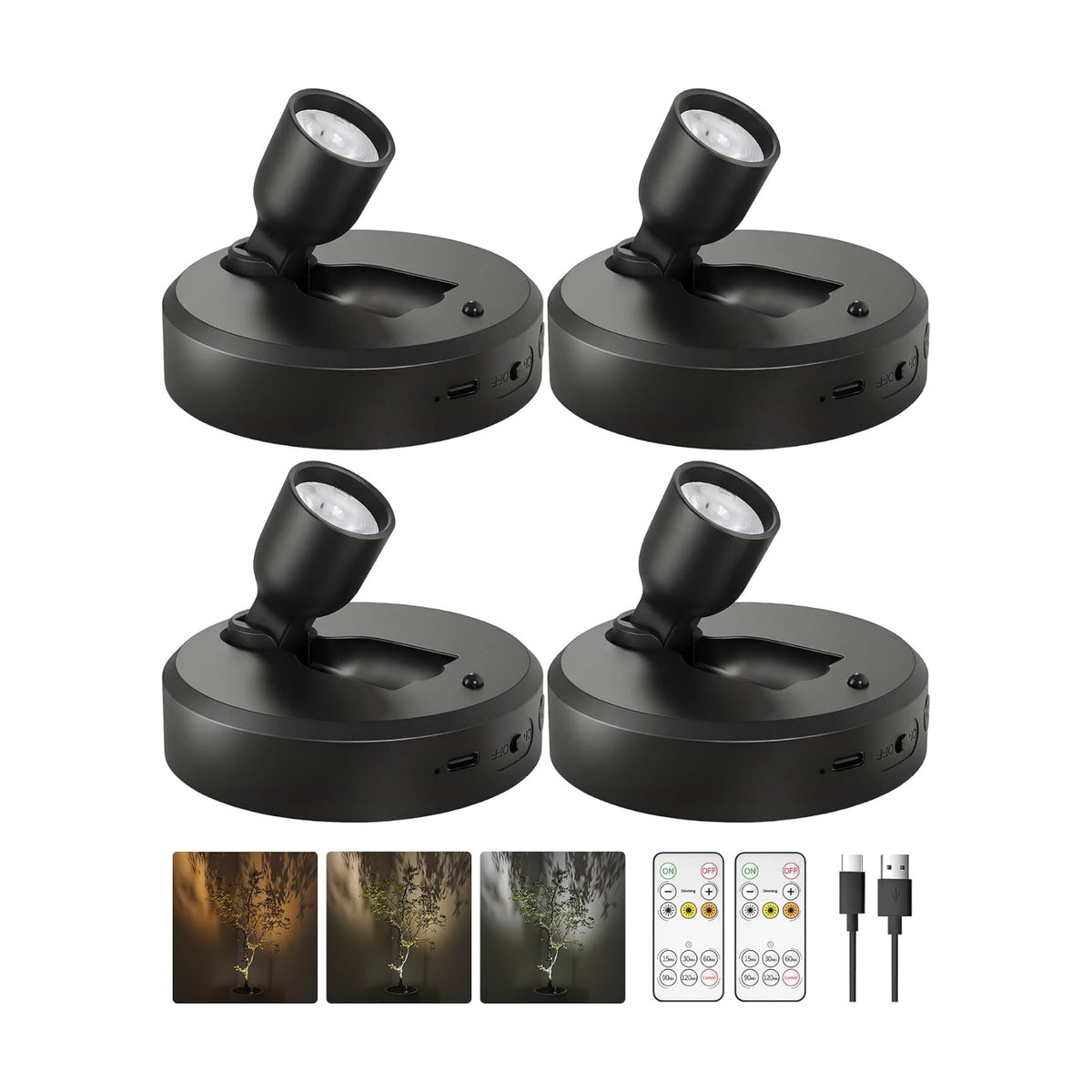 EZVALO 4-Pack Spotlight Indoor, Rechargeable Battery Picture Lights, Wireless Uplights with Remote, Dimmable, ⁠3 Color