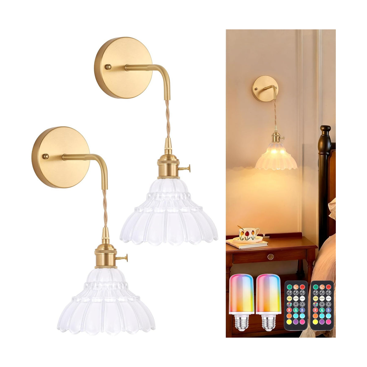 Shenmoyl Vintage Battery Operated wall sconces Set of 2, Wall Lamps with White Lily of the Shade Pattern Glass