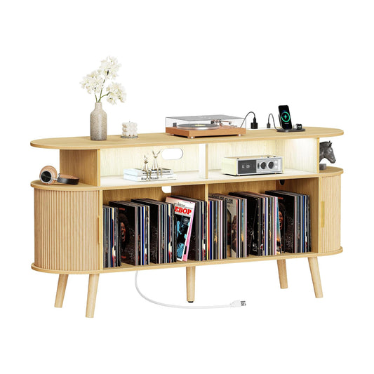 54 Inch Larger Record Player Stand with Power Outlets & 3-Color Lights, Vinyl Record Stand with 2 Fluted Cabinets