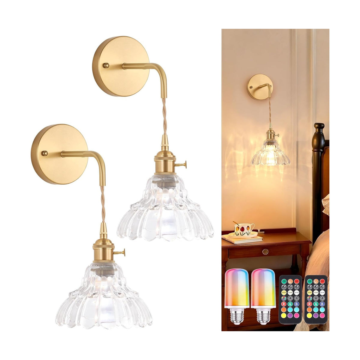 Shenmoyl Vintage Battery Operated wall sconces Set of 2, Wall Lamps with Clear Lily of the Shade Pattern Glass