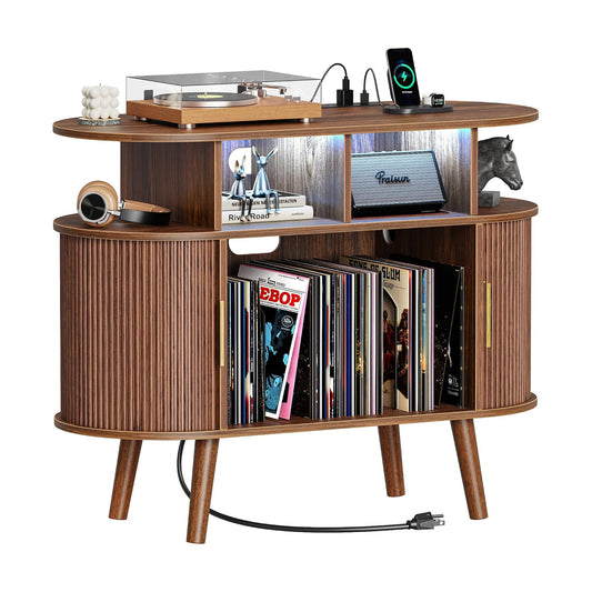 35.4 Inch Record Player Stand with Power Outlets & 3-Color Lights, Vinyl Record Stand with 2 Fluted Cabinets, USB-C