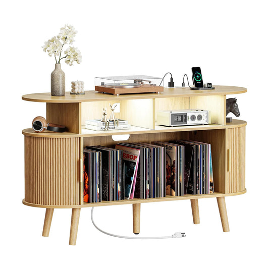 47.2 Inch Larger Record Player Stand with Power Outlets & 3-Color Lights, Vinyl Record Stand with 2 Fluted Cabinets