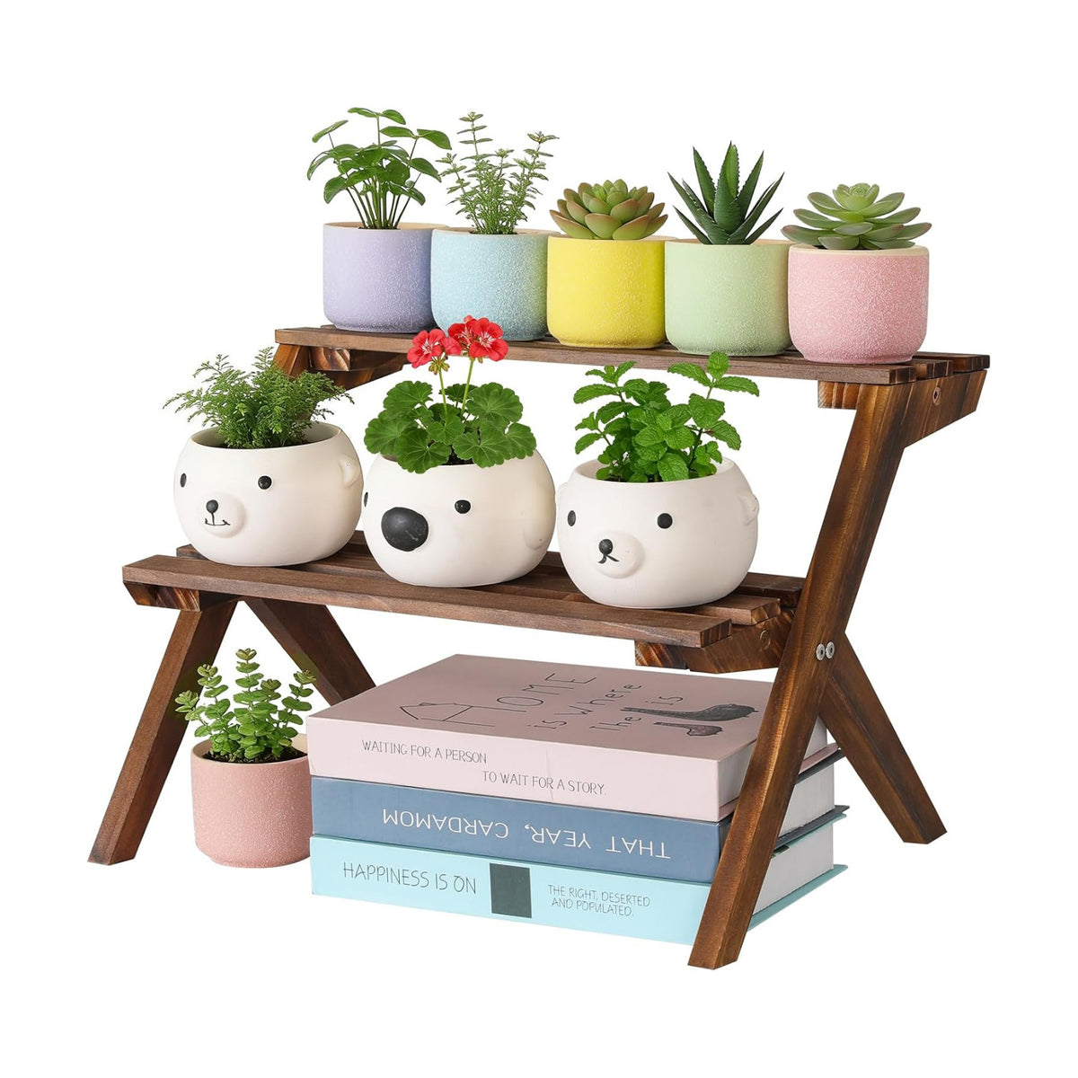 2 Tier Desktop Plant Stand, Wooden Windowsill Plant Shelf Indoor | X-Frame Tabletop Flower Stand, Ladder Succulent